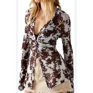 Free People Lucky Shirtee Mesh Ruched Floral Button Up Long Sleeve Sheer Top XS